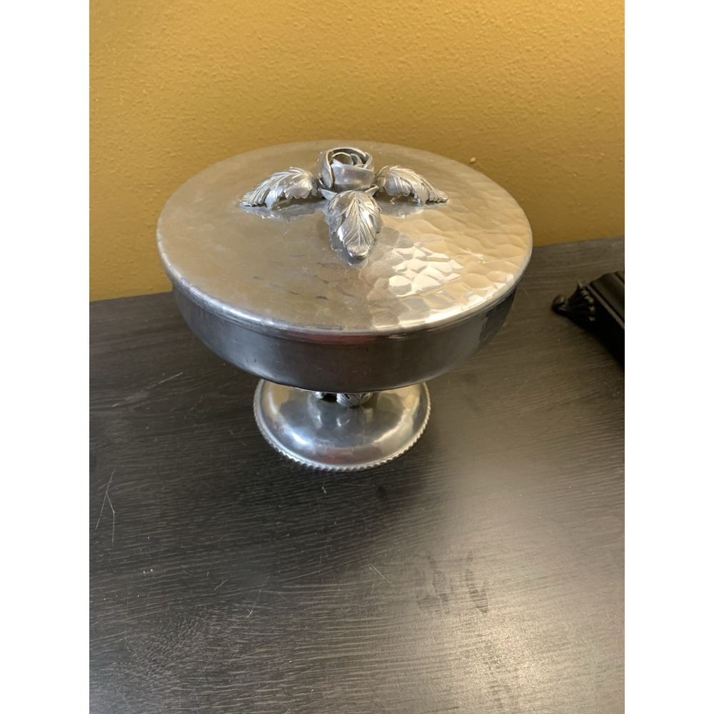 Vintage Continental Hand‎ Wrought Silverlook #606 Aluminum Footed Dish W/ Lid